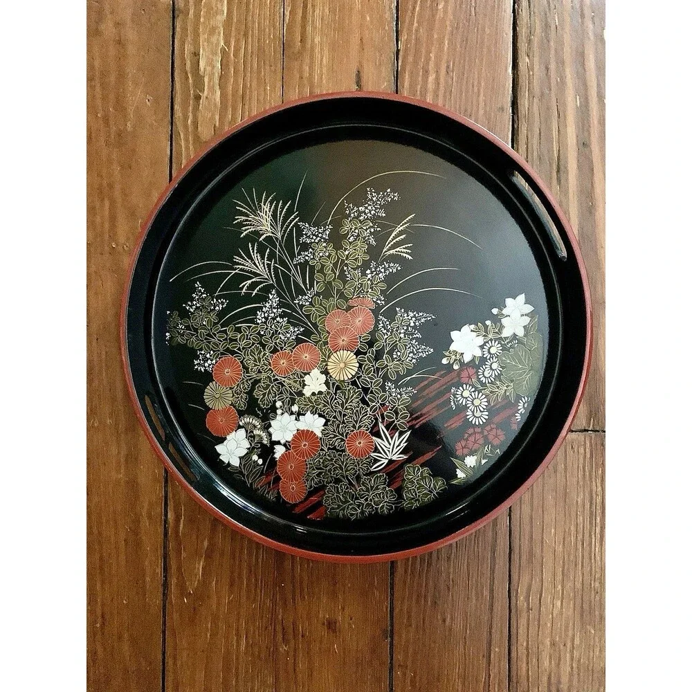 VINTAGE JAPANESE YAMANAKA LACQUERWARE CHRYSANTHEMUM ROUND SERVING TRAY 12.5